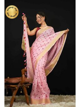 Isadora Life - Womens Embroidered Tassels Pink Pre-Draped Saree With Unstitched Blouse