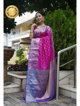 Isadora Life - Womens Woven Zari Pink Pre-Draped Saree With Unstitched Blouse
