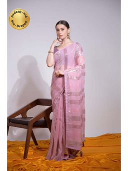 Isadora Life - Womens Sequined Tassels Pink Pre-Draped Saree With Unstitched Blouse