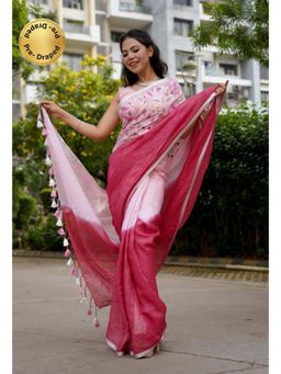 Isadora Life - Womens Ombre Tassels Pink Pre-Draped Saree With Unstitched Blouse