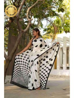Isadora Life - Womens Polka Dots Printed White Pre-Draped Saree With Unstitched Blouse