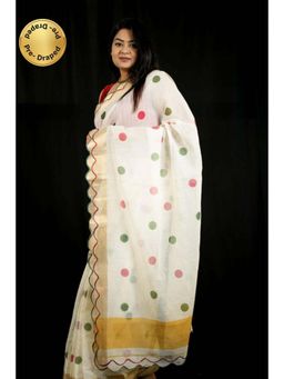 Isadora Life - Womens Polka Dots Zari White Pre-Draped Saree With Unstitched Blouse