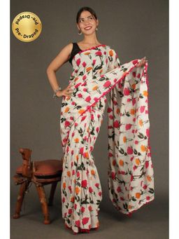 Isadora Life - Womens Floral Printed White Pre-Draped Saree With Unstitched Blouse