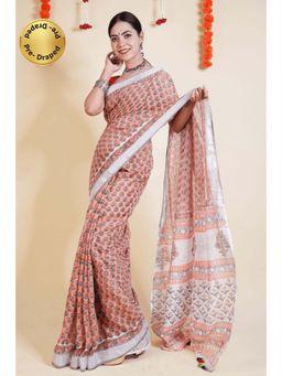 Isadora Life - Womens Floral Hand Block Peach Pre-Draped Saree With Unstitched Blouse