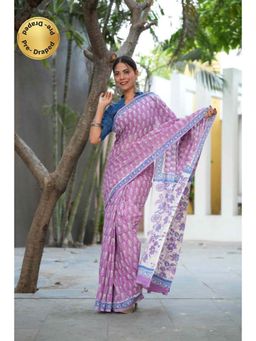 Isadora Life - Womens Floral Printed Lavender Pre-Draped Saree With Unstitched Blouse