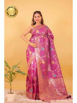 Isadora Life - Womens Woven Zari Pink Pre-Draped Saree With Unstitched Blouse