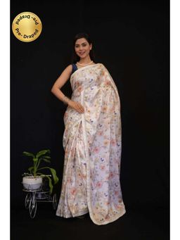 Isadora Life - Womens Floral Printed White Pre-Draped Saree With Unstitched Blouse