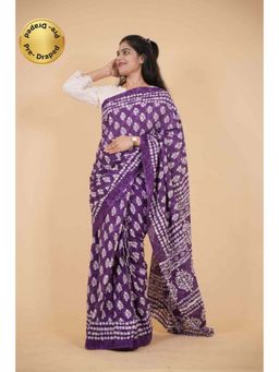 Isadora Life - Womens Printed Purple Pre-Draped Saree With Unstitched Blouse