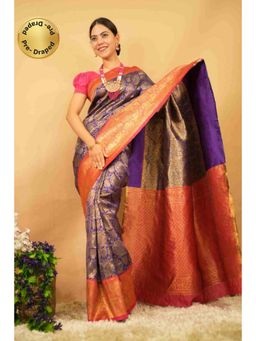 Isadora Life - Womens Woven Zari Blue Pre-Draped Saree With Unstitched Blouse