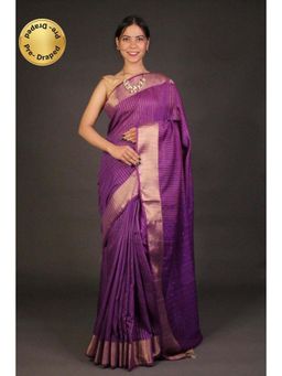 Isadora Life - Womens Stripes Tassels Purple Pre-Draped Saree With Unstitched Blouse