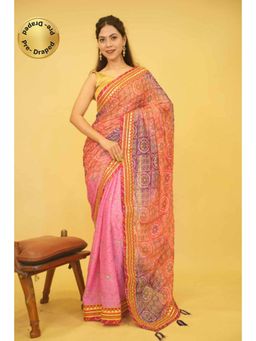 Isadora Life - Womens Bandhani Printed Pink Pre-Draped Saree With Unstitched Blouse