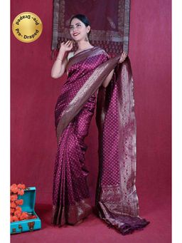 Isadora Life - Womens Woven Tassels Wine Pre-Draped Saree With Unstitched Blouse