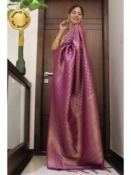 Isadora Life - Womens Woven Tassels Purple Pre-Draped Saree With Unstitched Blouse