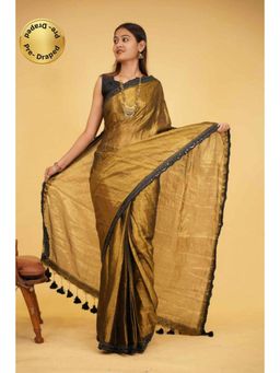 Isadora Life - Womens Woven Tassels Gold Pre-Draped Saree With Unstitched Blouse