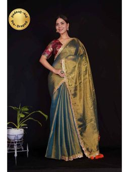 Isadora Life - Womens Embroidered Tassels Olive Pre-Draped Saree With Unstitched Blouse