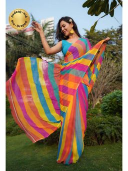 Isadora Life - Womens Printed Stripes Multi-Color Pre-Draped Saree With Unstitched Blouse
