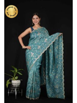 Isadora Life - Womens Embroidered Sequined Blue Pre-Draped Saree With Unstitched Blouse