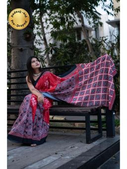 Isadora Life - Womens Floral Printed Red Pre-Draped Saree With Unstitched Blouse
