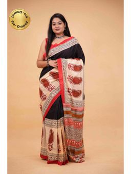 Isadora Life - Womens Printed Black Pre-Draped Saree With Unstitched Blouse