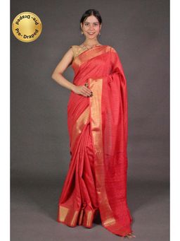 Isadora Life - Womens Stripes Tassels Red Pre-Draped Saree With Unstitched Blouse