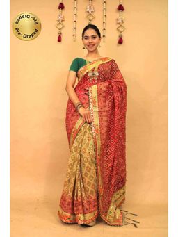 Isadora Life - Womens Bandhani Printed Red Pre-Draped Saree With Unstitched Blouse