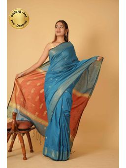 Isadora Life - Womens Paisley Tassels Blue Pre-Draped Saree With Unstitched Blouse