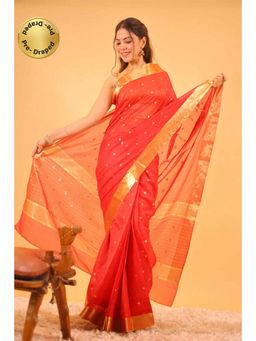 Isadora Life - Womens Woven Zari Red Pre-Draped Saree With Unstitched Blouse