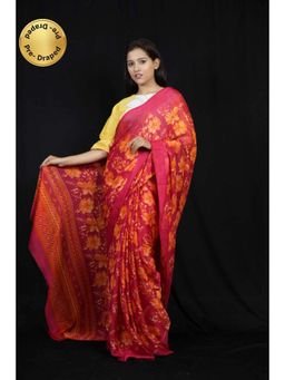 Isadora Life - Womens Floral Printed Pink Pre-Draped Saree With Unstitched Blouse