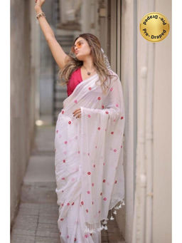 Isadora Life - Womens Floral Embroidered White Pre-Draped Saree With Unstitched Blouse