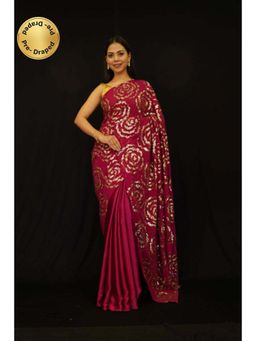 Isadora Life - Womens Floral Sequined Red Pre-Draped Saree With Unstitched Blouse