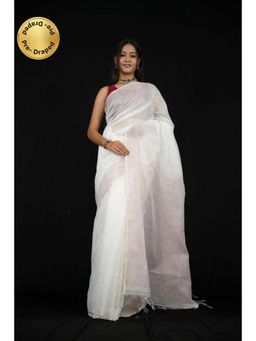 Isadora Life - Womens Stripes Tassels White Pre-Draped Saree With Unstitched Blouse