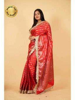 Isadora Life - Womens Stripes Embroidered Red Pre-Draped Saree With Unstitched Blouse