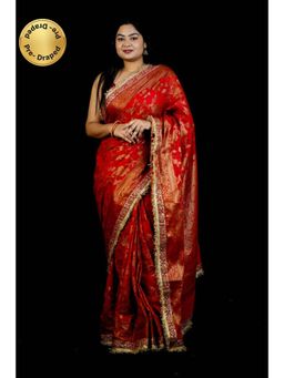 Isadora Life - Womens Woven Sequined Red Pre-Draped Saree With Unstitched Blouse