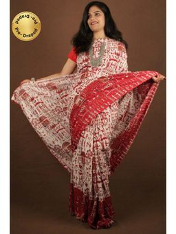 Isadora Life - Womens Kalamkari Printed White Pre-Draped Saree With Unstitched Blouse