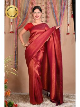 Isadora Life - Womens Woven Tassels Red Pre-Draped Saree With Unstitched Blouse