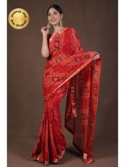 Isadora Life - Womens Printed Red Pre-Draped Saree With Unstitched Blouse