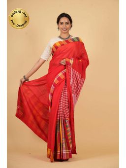 Isadora Life - Womens Printed Red Pre-Draped Saree With Unstitched Blouse