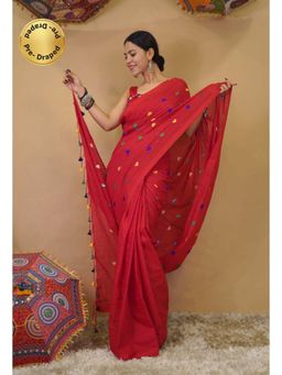 Isadora Life - Womens Embroidered Tassels Red Pre-Draped Saree With Unstitched Blouse