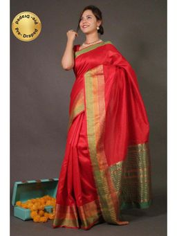 Isadora Life - Womens Woven Zari Red Pre-Draped Saree With Unstitched Blouse