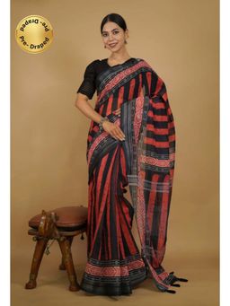 Isadora Life - Womens Printed Stripes Black Pre-Draped Saree With Unstitched Blouse