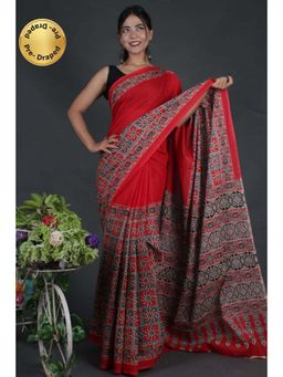 Isadora Life - Womens Printed Red Pre-Draped Saree With Unstitched Blouse