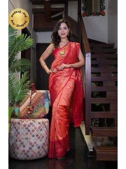 Isadora Life - Womens Woven Zari Orange Pre-Draped Saree With Unstitched Blouse