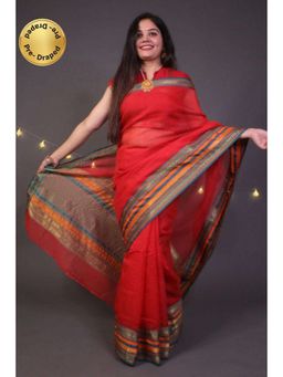 Isadora Life - Womens Woven Zari Red Pre-Draped Saree With Unstitched Blouse