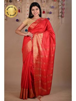Isadora Life - Womens Woven Tassels Red Pre-Draped Saree With Unstitched Blouse
