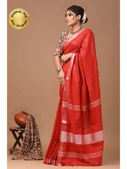 Isadora Life - Womens Solid Woven Orange Pre-Draped Saree With Unstitched Blouse