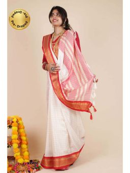 Isadora Life - Womens Checks Tassels White Pre-Draped Saree With Unstitched Blouse
