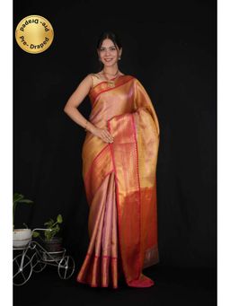 Isadora Life - Womens Woven Zari Orange Pre-Draped Saree With Unstitched Blouse