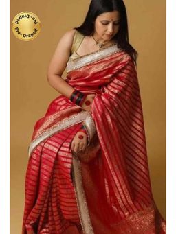 Isadora Life - Womens Woven Embroidered Red Pre-Draped Saree With Unstitched Blouse