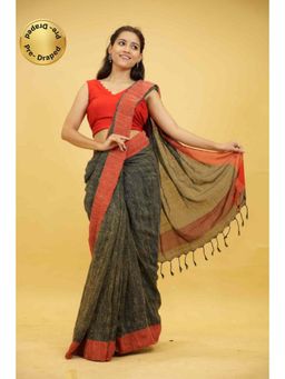 Isadora Life - Womens Woven Tassels Green Pre-Draped Saree With Unstitched Blouse