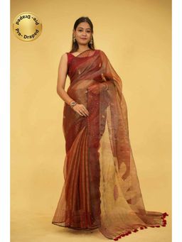 Isadora Life - Womens Sequined Tassels Brown Pre-Draped Saree With Unstitched Blouse